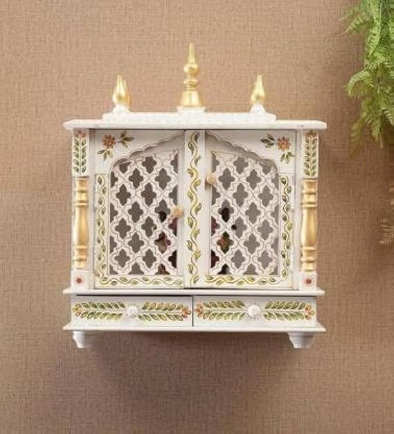 Handpainted Wooden Home Temple | Mandir for Office and Gift, Pooja Mandir with Door | Home Mandapam for Pooja Religious (Pack of 1, White)
