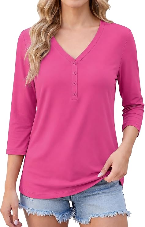 Womens 3/4 Length Sleeve V Neck Henley, Soft Stretch Solid Tunic Top with Four Button Detail