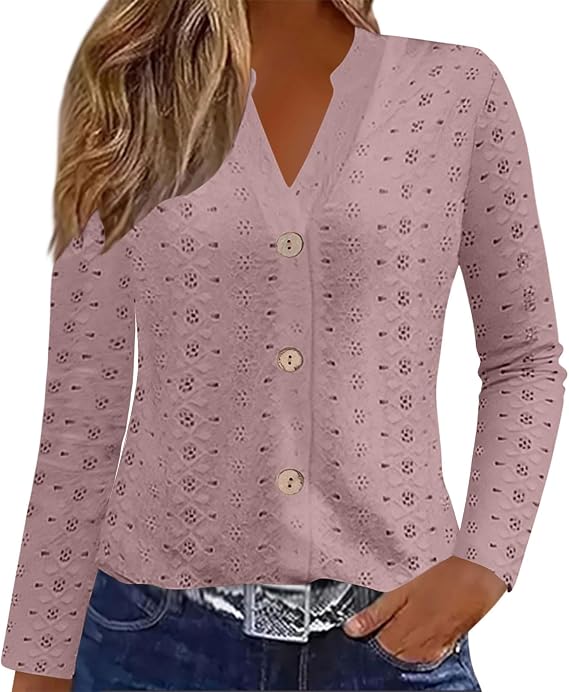 Long Sleeves Shirts for Women Dressy Casual Button Down v Neck Tunic Tops Elegant Eyelet Fall Blouses 2025