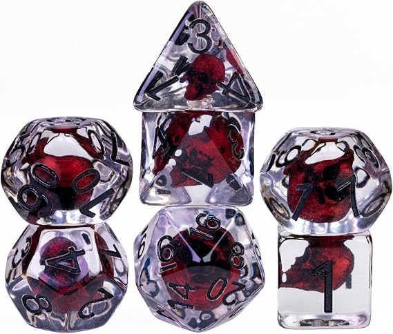 Cusdie 7PCS Polyhedral DND Dice, D&D Dice, Skull Dice Set for Dungeons and Dragons RPG Table Games(Red Skull w/Black Numbers)