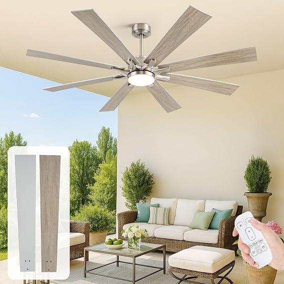 72" Outdoor Ceiling Fans for Patios with Light, Large Modern Industrial Ceiling Fan with Quiet Reversible DC Motor, High CFM Indoor Exterior Ceiling Fan for Garage Office Outside Shop, Nickel & Oak