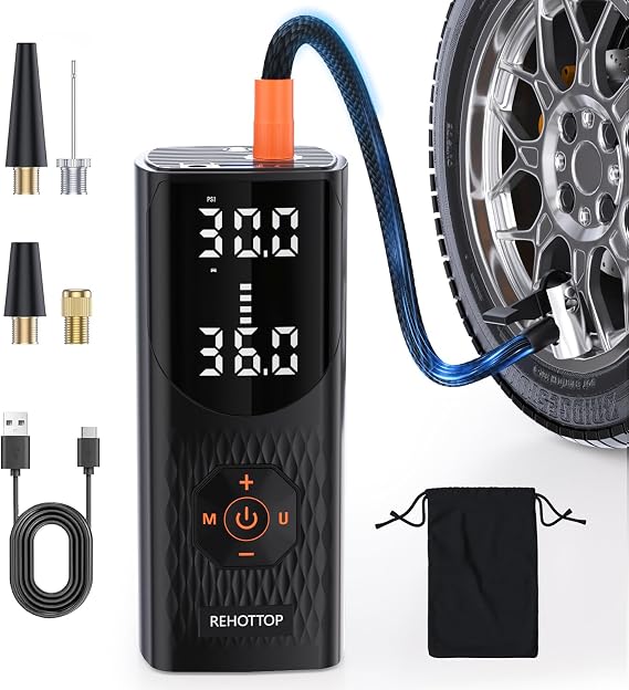 REHOTTOP Tire Inflator Portable Air Compressor, 160 PSI Cordless Air Pump for Car Tires with Digital Pressure Gauge, LED Light & Auto Shut-Off, 5X Fast Inflation for Car, Motorcycle, Bicycle, Ball