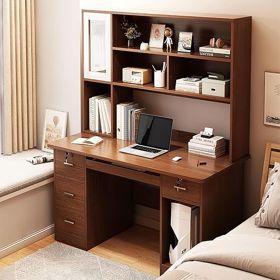 Large Computer Desk with Hutch,Wood Writing Desk Writing Table with 4-Drawer and Shelf,Study Table Workstation with Open Storage Cubby for Home and Office(140x60x168cm, Walnut2)