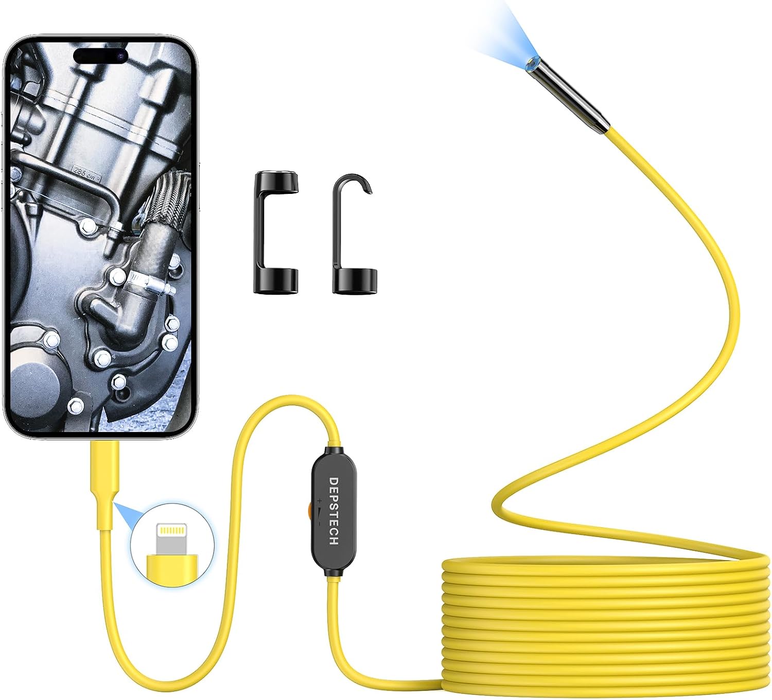 DEPSTECH Endoscope Camera with Lights, 7mm Slim Probe Borescope Inspection Camera with Bluart 3.0 Tech, 16.4ft Semi-Rigid Cable, IP67 Waterproof Snake Camera for IOS 12.0 Device,Gadget for Men-Yellow