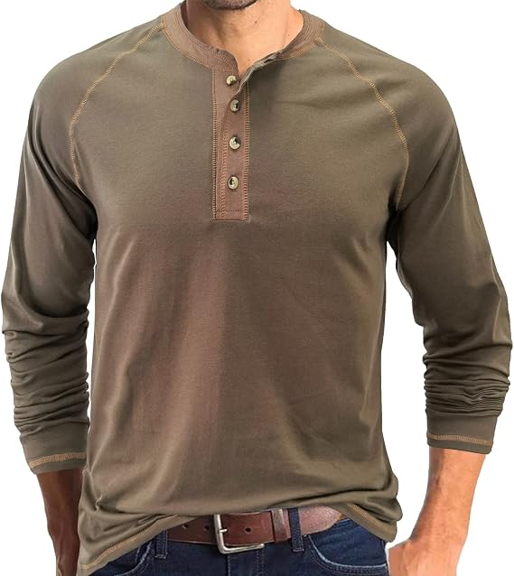 Henley Long Sleeve Shirts Men's Casual Lightweight Fitted Crew Neck Button Cotton Basic T-Shirt Raglan Sleeve