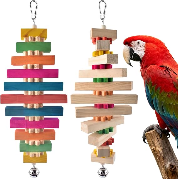 DBNESS 16.54in Extra Large Bird Toys for Parrot, 2 Pcs Colorful Natural Wooden Block Bird Chew Cage Toy for Macaws, African Greys, Amazon Parrots, Eclectus, Cockatoo