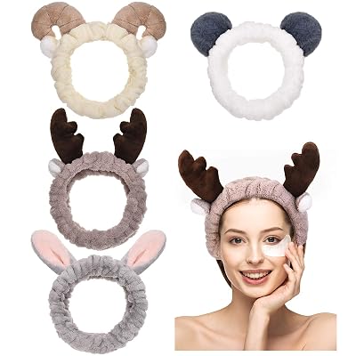 Chuangdi 4 Pcs Animal Headbands with Ears Cute Face Washing Spa Fuzzy Headband for Women Elastic Turban Hair Bands Shower Head Wraps Facial Headband for Christmas Party Gifts