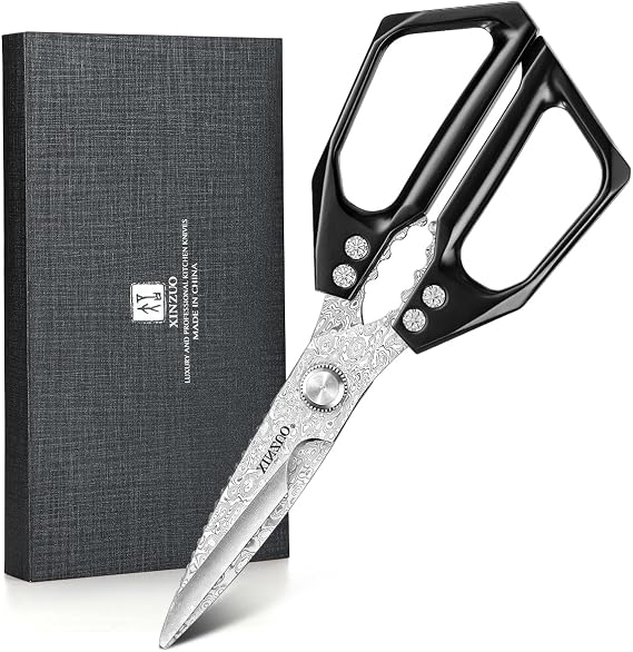XINZUO Sharp Kitchen Scissors with Black Handle,110 Layers Damascus Steel Multipurpose Heavy Duty Kitchen Shears for Poultry/Vegetables/Fish/Nuts