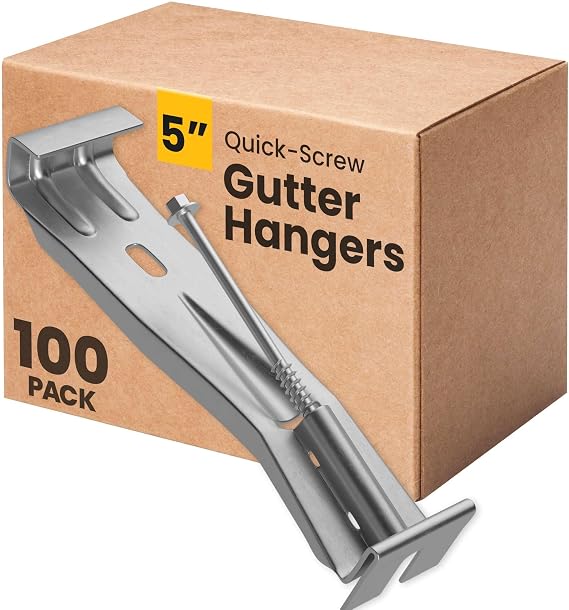 Quick-Screw 5" Gutter Hangers - Heavy Duty Hidden Gutter Brackets with Pre-Assembled Inserted Gutter Screws - Rain Gutter Parts and Accessories to Fix or Repair Sagging Rain Gutters (100 Count)