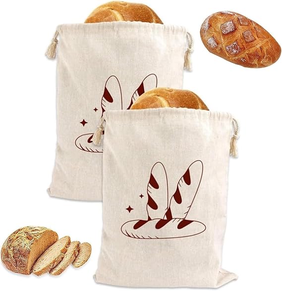 2PCS Linen Bread Bags - Large Reusable Muslin Homemade Eco Bread Storage Bags with Drawstring