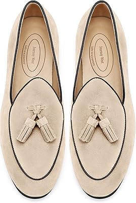 Journey West Mens Tassel Slip-on Loafer Belgian Suede Loafers Casual Leather Shoes for Men Beige US 12