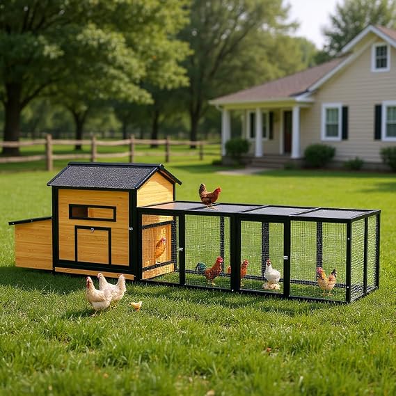 118" Large Wooden Chicken Coop, Outdoor Hen House with Nesting Box, Leak-Proof Pull-Out Tray, Asphalt Roof, Chicken Cage for Backyard Farm Use