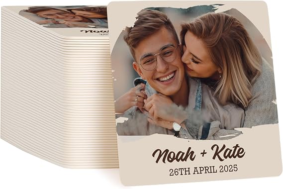 40 Pack Personalized Wedding Coasters, Custom Cardboard Coasters for Drinks with Photo Print and Text, Keepsake Wedding Favors and Gifts for Couples, 4x4 Square, Design 3