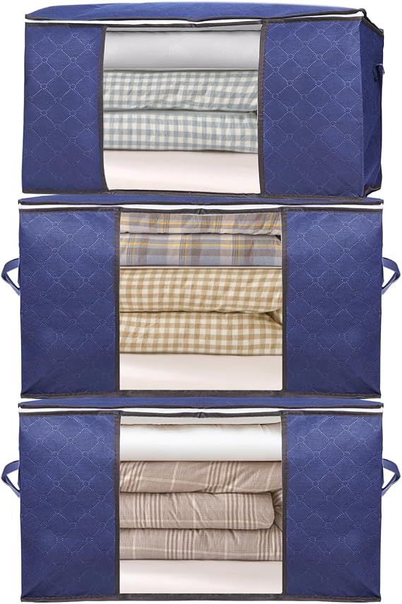 90L storage bag Large Clothes Storage Bags with Strengthened Handles for Bedding,Comforters,Clothes, Quilt, Blankets(3 Pack blue)