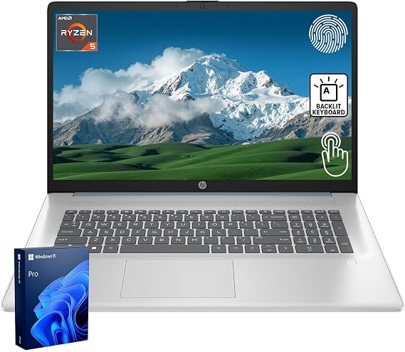HP 17.3" Business & Home Laptop, 17.3" LED Touchscreen, AMD Ryzen 5 7430U, 32GB RAM, 2TB PCIe SSD, Backlit Keyboard, Fingerprint Reader, Webcam, HDMI, Wi-Fi 6, Windows 11 Pro, Blue