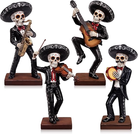 DoubleFill 4 Pcs Skeletons Statue Mariachi Band Figurines Tabletop Decor