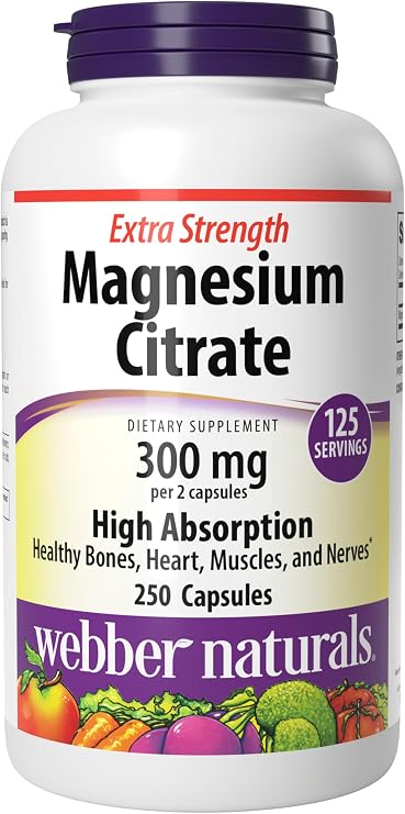 Webber Naturals Magnesium Citrate Capsules 300 mg, 250 Count | High Absorption Magnesium Supplement, Supports Bones, Teeth, Muscle & Heart Function, Gluten & Dairy Free