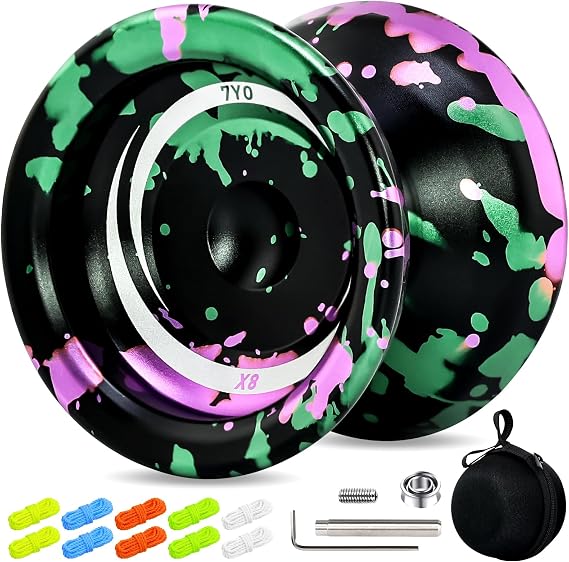 X8 Finger Spin Yoyo Professional Starter Yoyo, Metal Unresponsive Yo Yo with Bag, KK Bearing, 10 Strings, Bearing Tools - Black Green Pink
