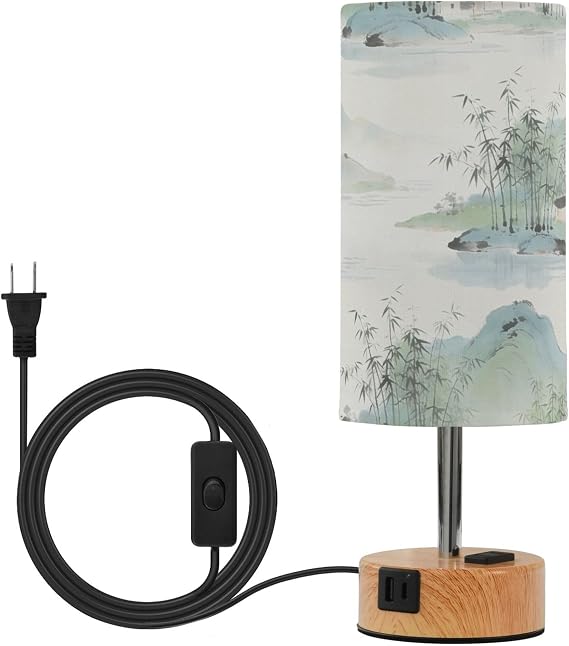 Yuiboo Soft Green Ink Wash Mountain Landscape Touch Control Table Lamp Desk Lamp with Fabric Lampshade 3 Color Temperatures for Bedroom