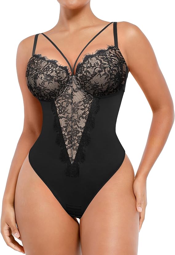 SHAPELLX Lace Body Suits Women Shapewear Tummy Control Corset Bodysuit One Piece Body Shaper Tops Blcak Lace Bodysuits