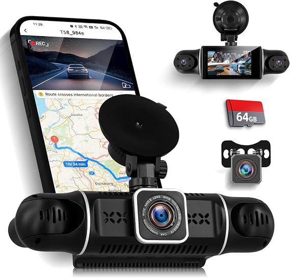 NHOPEEW 4 Channel Dash Cam 360 Coverage: Front 2K + Triple 1080P Car Camera Built-in WiFi Car Camera with App, Front Rear Left Right Inside with G-Sensor/Night Vision/Loop Recording + 64GB Card