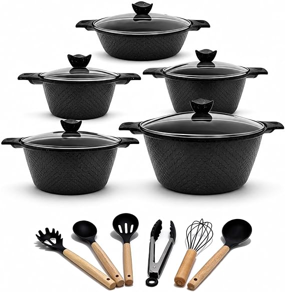 16PCS Cookware Set - Home Nonstick Stock Pot with Glass Lid, Pots and Pans Set, Cooking Pots Set, Cast Aluminum, Stay Cool Handles Dishwasher Safe, PTFE/PFOA Free, Speckled Black(Fish Scale Shaped)