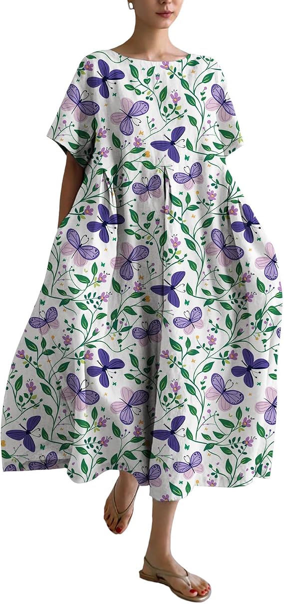 Summer Maxi Dresses Women Short Sleeve Novelty Butterfly Casual Boho Midi Dress Loose Plus Size Beach Vacation
