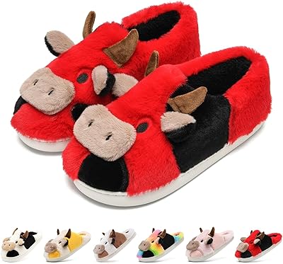 soofylia Womens Cow Slippers - Cotton Fuzzy Animal Print Cartoon Memory Foam Plush Slides - White, Brown - Size 6