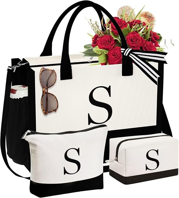 YOOLIFE Gifts for Women - Initial Canvas Tote Bag & Makeup Bag, Birthday Gifts for Women Mom Sister Friends