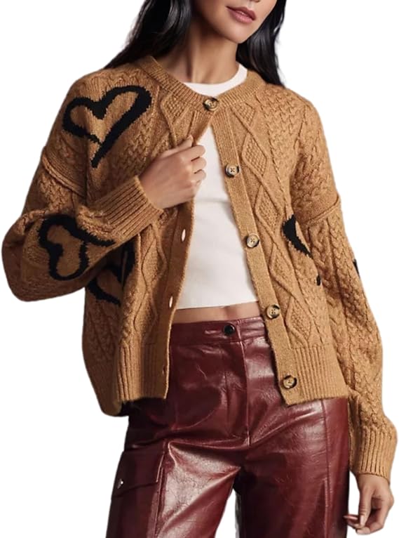 InterNos Women's Graphic Cable Knit Cardigans Sweater Vintage Open Front Crew Neck Long Sleeves Knitwear
