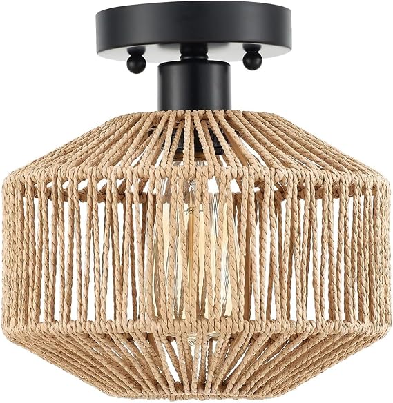 Rattan Ceiling Light Rustic Woven Basket Close to Ceiling Lamp, Rustic Semi Flush Mount Ceiling Lamp Black Metal Ceiling Lamps Boho Chandelier for Kitchen Island Hallway