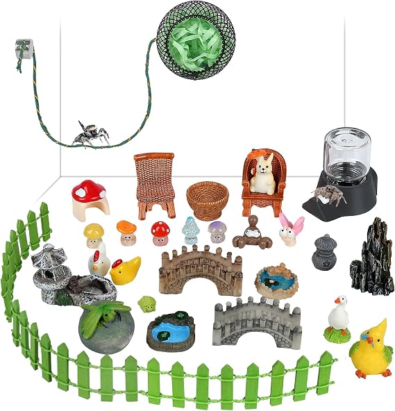 Jumping Spider Enclosure Accessories Kit with Hide Habitat, Water Dispenser, Enclosure Decor for Pet Spider (Pastoral Style)