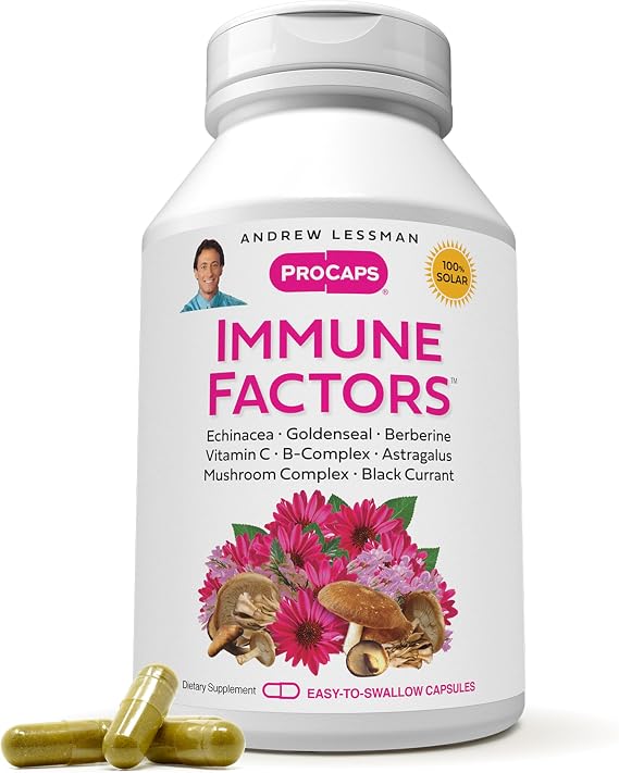 ANDREW LESSMAN Immune Factors 60 Capsules - Echinacea, Goldenseal, Vitamin C, Astragalus, Berberine, Mushroom Blend, Black Currant. Supports and Promotes Immune System and Natural Defenses | A comprehensive blend of botanicals, mushrooms and nutrients that supports healthy immune function and natural defenses.