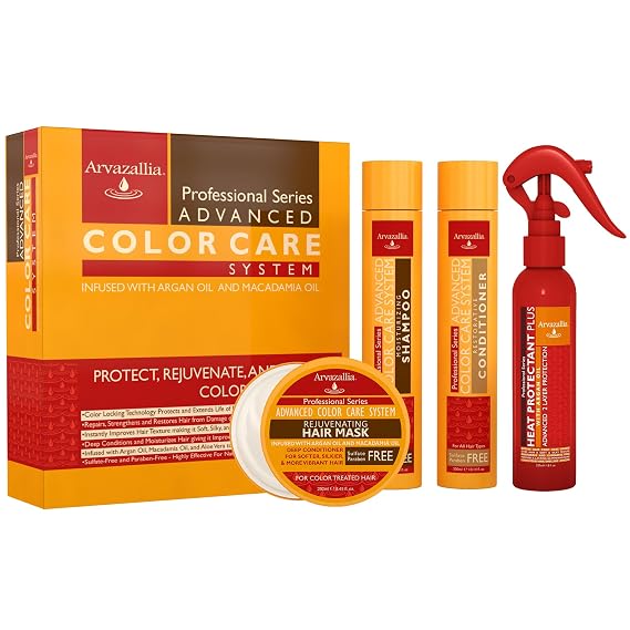 Arvazallia Advanced Color Care System with Argan Oil and Macadamia Oil and Heat Protectant Spray Bundle Daily Hydration and Thermal Shield Treatment Set