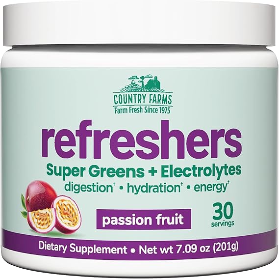 Country Farms Refreshers, Super Greens and Electrolytes, Essential Minerals and Superfoods, Hydration Support, Promotes Natural Energy, with Fiber, Passion Fruit, 30 Servings