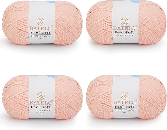 Thin Chenille Yarn for Crocheting & Knitting, Soft Plush Yarn for DIY Crafts, Amigurumi, Home Decor - 3 Light - 4 Pack of 1.7oz/142yds - Almond Pink