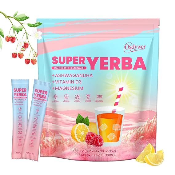 Super Yerba Packets - Yerba Mate Instant Tea Powder, 3-in-1 Super Drink Mix for GutHealth, Raspberry Lemonade Flavor, Energy Boost & Focus-30 Servings(1)
