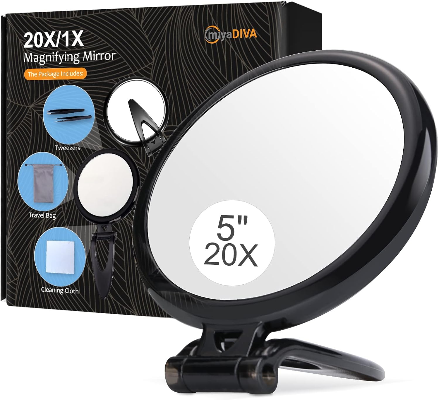 5 Inch 20X Magnifying Mirror with Blackhead Tweezer Kit, Handheld Mirror with Handle, Portable Magnified Mirror with Eyebrow Plucking Tweezers, Foldable, Double sided, Black