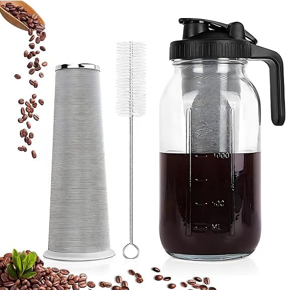 Cold Brew Coffee Maker Jar, 2L Cold Brew Coffee Maker with Stainless Steel Filter for Iced Brew Coffee Ice Tea, Homemade Fruit Drinks Container, cold brew mason jar iced coffee maker