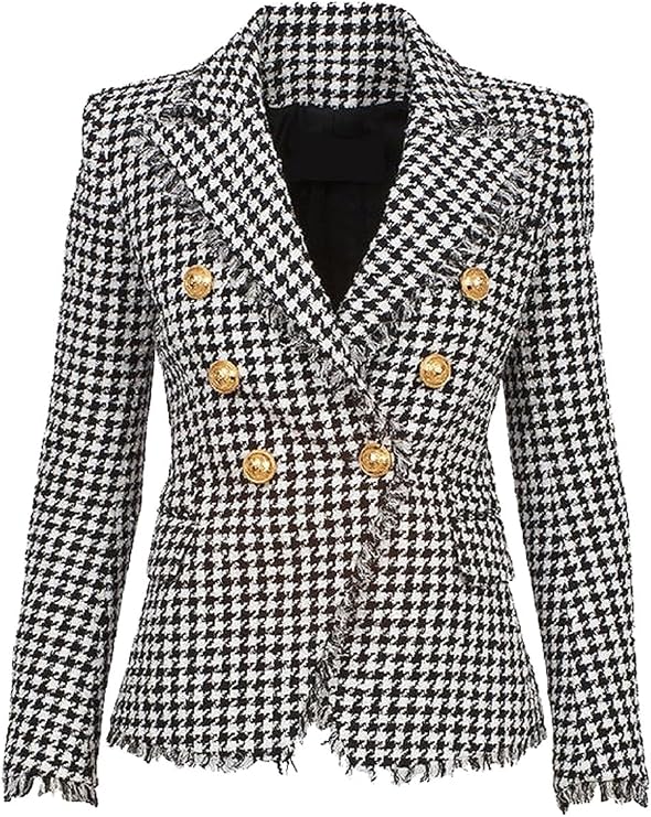 Womens Houndstooth Tweed Coat Fitted Fringe Tassel Classic Vintage Blazer Jacket Elegant Double Breasted Casual Prom