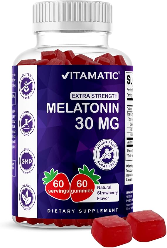 Vitamatic Extra Strength Melatonin 30 mg, 60 Gummies | Natural Strawberry Flavor, Non-Habit Forming, Non-GMO, Gluten Free, Sugar Free, Pectin Based