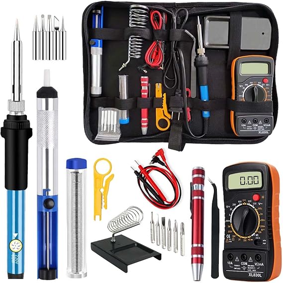Soldering Iron Kit with Digital Multimeter,60W 110V Adjustable Temperature,5 Tips, Desoldering Pump, Wire Stripper,Carry Case-Electric Soldering Set for Electronics Repair,PCB,Arduino,DIY