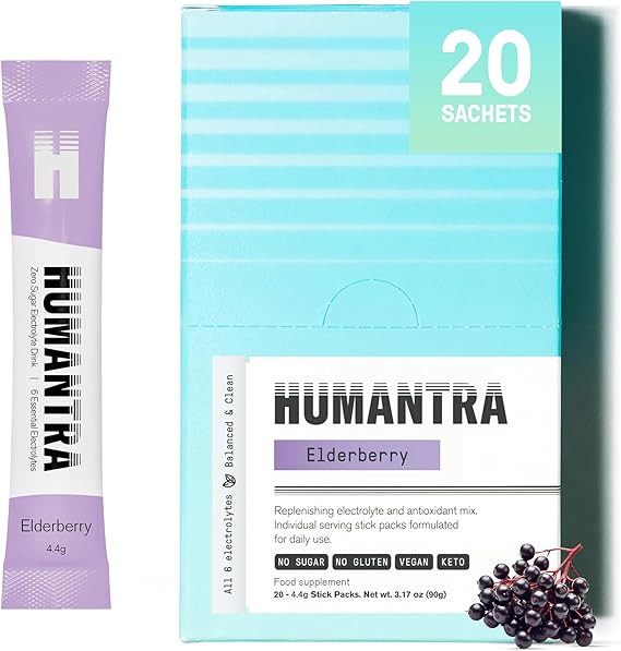 Humantra Electrolytes Powder - Elderberry Flavor, 20ct - Powdered Hydration Sachets - Plant-Based Electrolyte Powder with 6 Electrolytes - Vegan, Sugar Free, Gluten Free