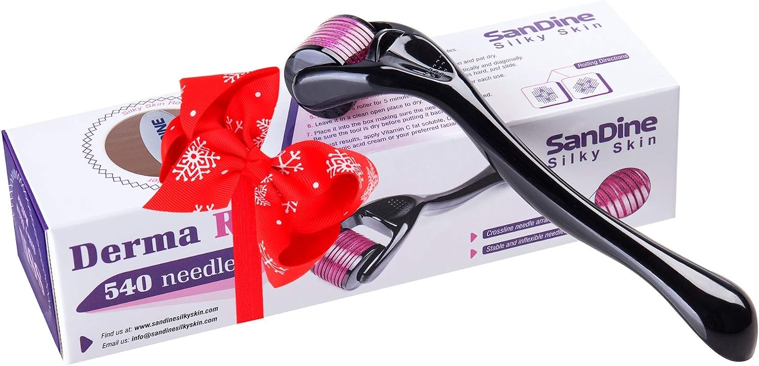 Microneedle Derma Roller - 540 Micro Needle Skin Care System - Ideal to Keep Your Skin Young and Radiant - Titanium for Silky Smooth and Beautiful Skin - Includes Free E-Book - by Sandine 0.25mm