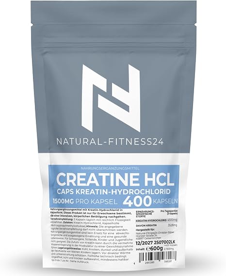 Natural-Fitness24 Creatine HCL Capsules 1000 mg High-Quality Creatine Hydrochloride per Capsule 300 Vegan Capsules 75 Servings Suitable for All Sports and an Active Lifestyle