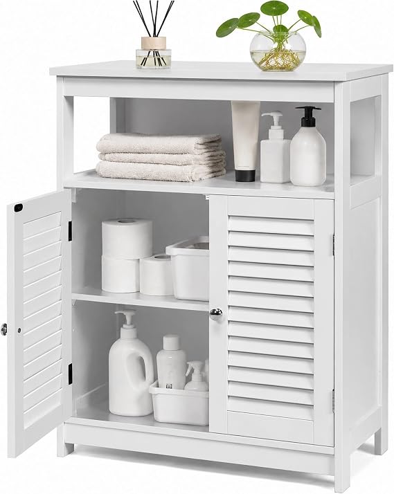 Bathroom Storage Cabinet, Freestanding Floor Cabinet with 2 Shutter Doors