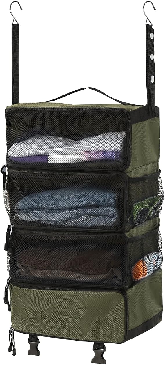Surblue Hanging Travel Organizer Portable Hanging Luggage Organizer Multiple Compartments Collapsible Compression Closet Packing Cubes,Green,M