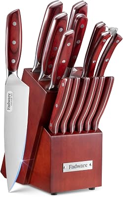 Knife Set with Block, Fadware Knife Block Set for Kitchen, Chefs Knife, Steak Knife Set, Kitchen Knife Sharpener, 14-Piece, Red