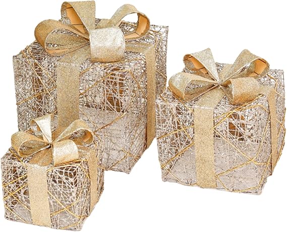 Set of 3 Christmas Lighted Gift Boxes, Christmas Lighted Gift Boxes with Bow, Pre Lit Present Boxes, Christmas Boxes Decorations for Outdoor Indoor Christmas Tree Yard Home(Champagne(Without Light))