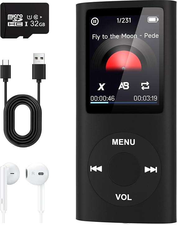 MP3 Player with Bluetooth 5.2,Portable Music Player with 32GB Memory Card, Stereo Earphone, Voice Recorder/Video/Photo Viewer/E-Book for Kids,Gift,Blue (Black)